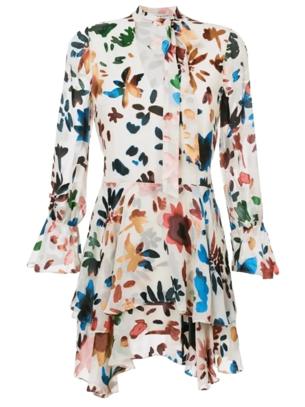 Alice + Olivia Moran Silk Blend Mini Dress Small Rainbow Floral Bell Sleeve
